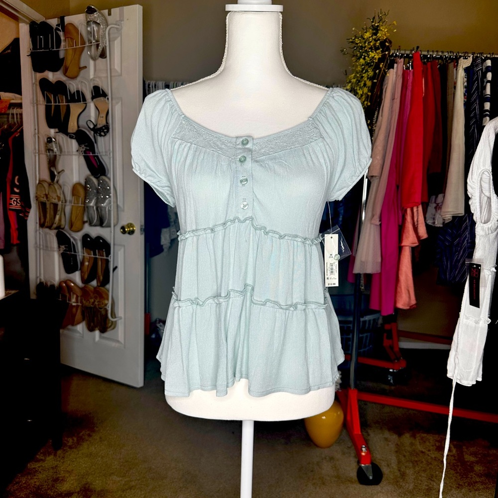 No Boundaries Pastel Teal Peasant Top